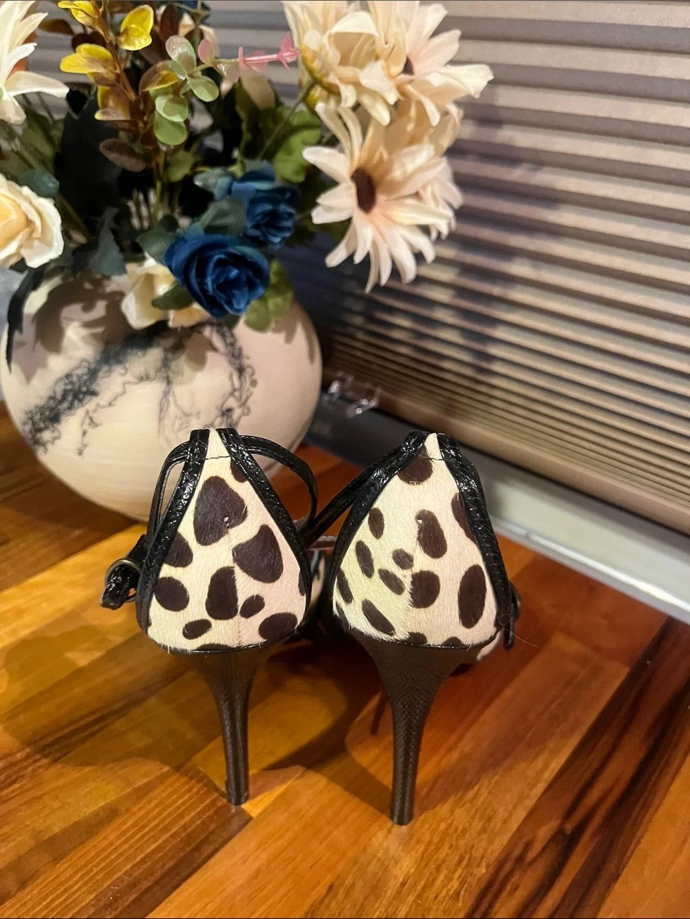 Charles By Charles David Black Patent and Tan Leopard T-Strap Heels